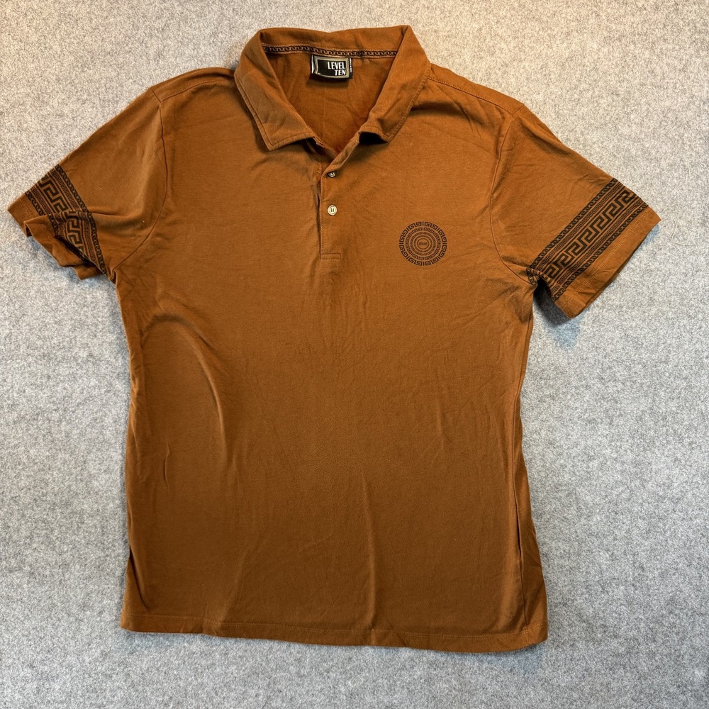 Level Ten Greek Key Graphic Polo Shirt Medium Brown Short Sleeve Cotton Blend